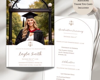Law School Graduation Invitation Template, Law Graduation Party Invite, Graduation Ceremony Invitation, Editable 5x7 Commencement Invite