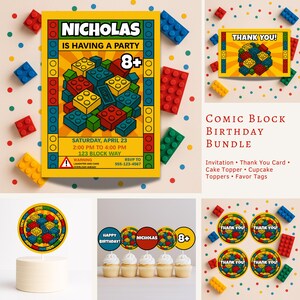 Könnte beinhalten: Ein farbenfrohes Geburtstagsparty-Set mit einer gelben Einladung mit dem Text "Nicholas is having a party" und einem Spielzeugblock-Design. Enthält Dankeskarten, Tortenaufleger, Cupcake-Topper und Gastgeschenkanhänger.