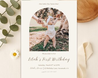 Neutral Boho First Birthday Invitation with Photo | Minimalist Arch Design | Editable Canva Template (Digital Download)