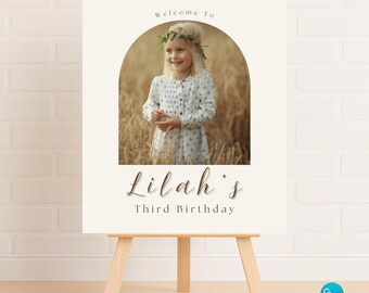 Three Years of Love Birthday Welcome Sign | 3rd Birthday Photo Welcome Poster | Neutral Boho Birthday Sign | Editable Canva Template
