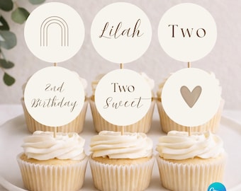 Two Sweet Cupcake Toppers | Boho Birthday Cupcake Toppers | Neutral Two Sweet Party Decor | Editable Canva Cupcake Toppers | Second Birthday