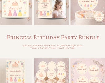 Princess Dress Up Birthday Party Bundle with Photo | Editable Princess Invitation Party Decor | Cake & Cupcake Toppers | Digital Download