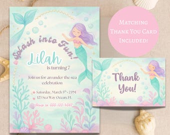 Mermaid Birthday Invitation | Under the Sea Party Invite | Editable Girl Birthday Template | Printable Digital Download + Thank You Card
