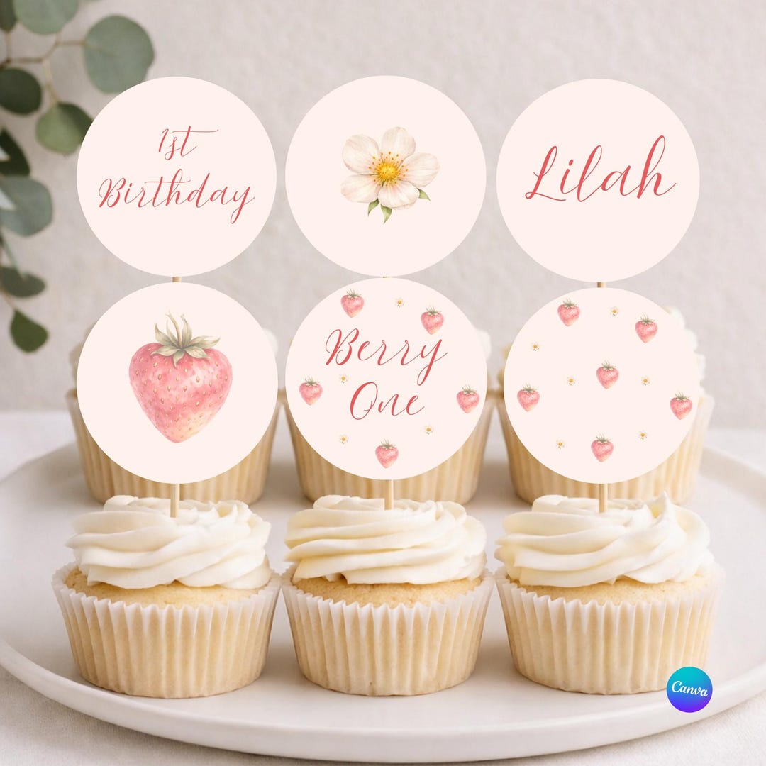 Berry One Cupcake Toppers | Sweet One Strawberry Birthday | Editable ...