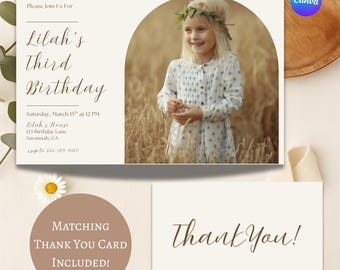 Three Years of Love 3rd Birthday Invitation | Boho Neutral Birthday Invite | Minimalist Girl Birthday | Editable Canva Template