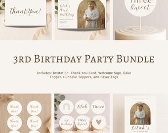 Three Years of Love 3rd Birthday Party Bundle | Landscape Photo Invitation & Decor | Neutral Boho Third Birthday | Editable Canva Templates