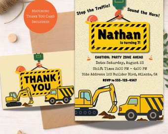 Construction Birthday Invitation | Truck Party Invite + Thank You Card | Editable Kids Party Template | Printable Digital Download