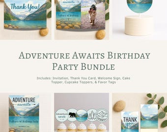 Adventure Awaits Birthday Bundle | Editable Photo Invitation & Party Decor | First Birthday Woodland Theme (Digital Download)