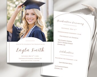 Photo Graduation Invitation Template, Modern Minimalist Graduation Invite with Itinerary, Editable Canva Template, College Grad Announcement