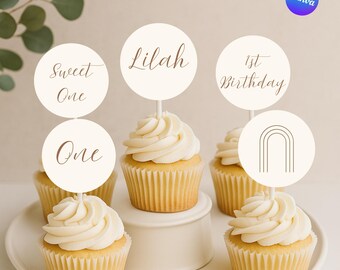 Boho First Birthday Cupcake Toppers | Sweet One Picks | Neutral Editable Canva Template