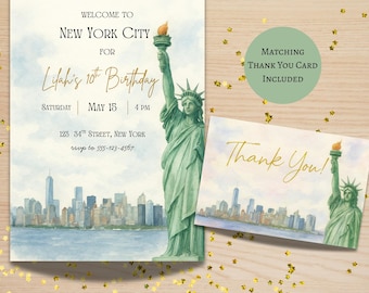 Inbjudan till New York Citys födelsedag | Inbjudan till Frihetsgudinnans fest | Mall för New Yorks skyline | Redigerbar digital nedladdning