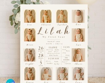 Boho First Birthday Milestone Poster | Editable Neutral Canva Timeline | Baby’s First Year Sign (Digital Download)