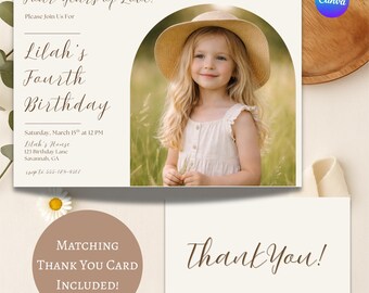Fourth Birthday Invitation | Four Years of Love | Boho Neutral Birthday Invite | Minimalist 4th Birthday | Photo Invitation | Editable Canva