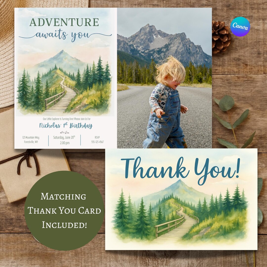 Adventure Awaits Birthday Invitation With Photo | Editable Mountain ...