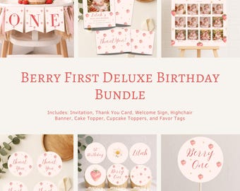 Berry First Birthday Deluxe Bundle, Strawberry 1st Birthday Party Decor, Photo Invitation, Welcome Sign, Cake & Cupcake Toppers | Canva