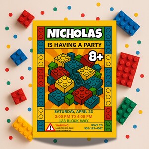 Invitación de cumpleaños para fiesta de bloques / Invitación de cumpleaños con bloques de construcción / Fiesta de ladrillos de cómic / Invitación de cumpleaños infantil editable / Imprimible