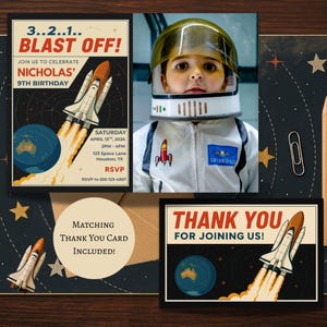 Invitación fotográfica de cumpleaños con temática espacial retro / Invitación para fiesta de cohetes / Invitación de cumpleaños con temática de despegue / Canva editable / Fiesta de astronautas vintage