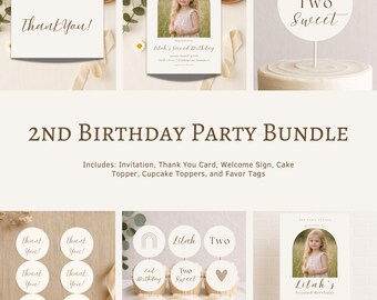 Two Sweet 2nd Birthday Party Bundle | Two Years of Love | Neutral Boho Birthday Decor | Editable Canva Template | Minimalist Second Birthday