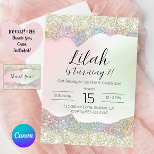 Rainbow Glitter Birthday Invitation | Sparkle Party Editable Canva Template | Girls Birthday Invite Digital Download