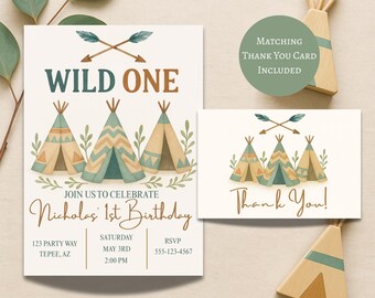 Wild One 1st Birthday Invitation | Wild One Thank You Card | Boho Teepee First Birthday | Editable Template | Digital Download | Baby's 1st