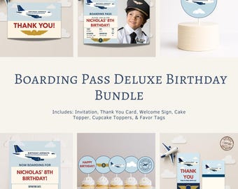 Airplane Birthday Bundle | Boarding Pass Photo Invitation & Travel Theme Decor (Editable Canva Template)