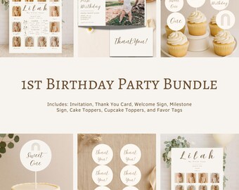 Neutral Minimalist Boho First Birthday Bundle | Editable Invite, Welcome Sign & Milestone (Canva Template)