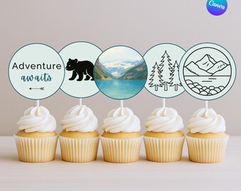 Adventure Awaits Cupcake Toppers | Mountain Party Circles | Editable 2.5” Birthday Decor (Digital Download)