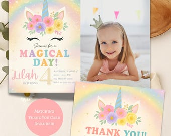 Unicorn Birthday Invitation with Photo | Editable Magical Day Invite | Pastel Rainbow Kids Party Template | Girl Printable | Digital