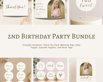 Two Sweet 2nd Birthday Party Bundle | Neutral Boho Second Birthday | Two Years of Love | Photo Invitation | Editable Canva Templates Digital