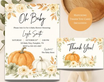 Pumpkin Baby Shower Invitation | Fall Floral Autumn Baby Shower Editable Template + Thank You Card | Digital Download | Oh Baby Invitation