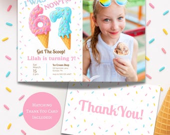 6 7 Girls Birthday Photo Invitation | Ice Cream Birthday Invite with Photo | I Was 6 Now I’m 7 | Girl 7th Birthday Party | Sprinkle Invite