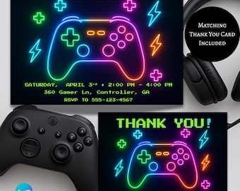 Neon Gamer Birthday Invitation | Video Game Party Invite | Editable Level Up Birthday Template | Game On Digital Download