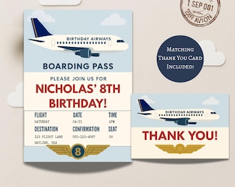 Boarding Pass Birthday Invitation, Pilot Birthday Party Invite, Airplane Birthday Invitation, Travel Theme Party, Editable Canva Template