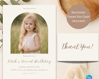 Boho Second Birthday Invitation with Photo | 2nd Birthday Invite | Neutral Minimal Birthday | Editable Canva Template | Two Years Old Party
