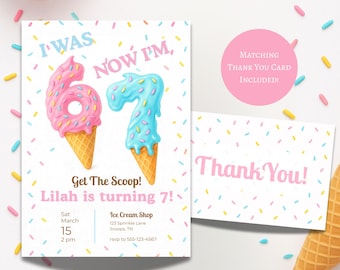 6 7 Girls Birthday Invite | Ice Cream Birthday Invitation | I Was 6 Now I’m 7 Invite | Girl 7th Birthday Invite | Trending Six Seven Invite