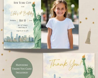 Inbjudan till New York Citys födelsedag | Inbjudan till New Yorks skyline och Frihetsgudinnans fest | Redigerbar New York-födelsedagsmall | Stadstema för barn
