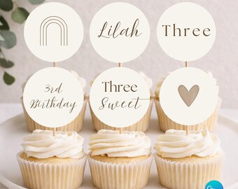 Three Sweet Cupcake Toppers | 3rd Birthday Cupcake Toppers | Neutral Minimalist Boho Birthday Decor | Editable Canva Template | Printable