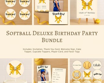 Softball Birthday Party Bundle | Batter Up Invitation, Welcome Sign & Toppers (Editable Canva Template)