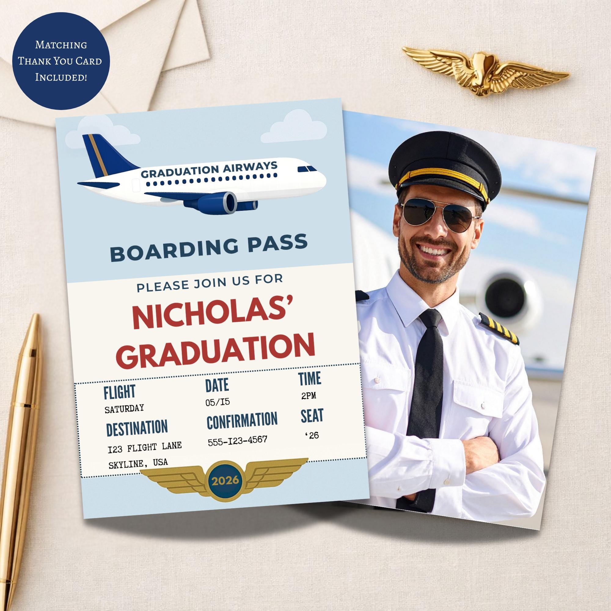 Pilot Graduation Invitation Template With Photo Back | Boarding Pass ...