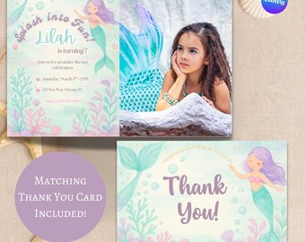 May include: Mermaid-themed invitation and thank you card set. The invitation features a mermaid illustration, the text "Splash into Fun! Lilah is turning 7", and event details. The thank you card says "Thank You!" and includes a matching mermaid design.