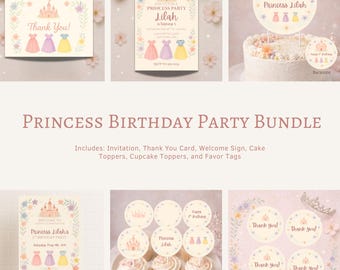Princess Dress Up Birthday Party Bundle | Editable Princess Invitation & Party Decor | Cake  Cupcake Toppers | Favor Tags | Digital Download