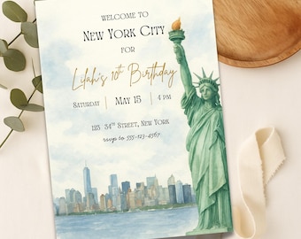 New York City Birthday Invitation | Statue of Liberty Party Invite | NYC Skyline Birthday Template | Editable Digital Download