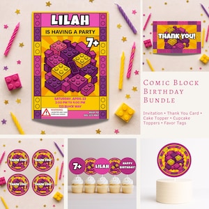 Puede incluir: Un conjunto de fiesta de cumpleaños con una invitación rosa y amarilla con el nombre "Lilah" y un diseño de bloques. Incluye tarjetas de agradecimiento, adornos para cupcakes y etiquetas de recuerdo. Velas y bloques decorativos.