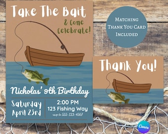 Take The Bait Birthday Invitation - Fishing Birthday Invitation Boy – Editable Template – Fishing Thank You Card – Kids Fishing Birthday