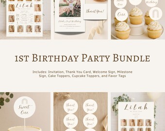 Neutral Boho First Birthday Party Set | Editable Invite, Milestone, Sign & Cake Topper (Digital Bundle)