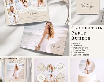Modern Coastal Graduation Party Bundle Template, Photo Graduation Invitation Set, Editable Canva Invite, Welcome Sign, Cake & Cupcake Topper