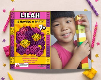 Girl Block Birthday Invitation With Photo | Editable Pink & Purple Building Blocks Party Invite | Kids Brick Birthday Template | Digital