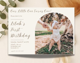 Boho First Birthday Invitation with Photo | Editable Birthday Template | Add Your Own Child’s Photo | Minimalist Arch Invite | Neutral Boho