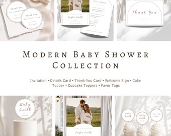 Neutral Minimalist Baby Shower Bundle | Modern Editorial Baby Shower Invitation Suite | Welcome Sign, Cake Topper & Favor Tags