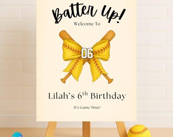 Batter Up Softball Welcome Sign | Editable Girls Birthday Sign | Canva Template (Digital Download)